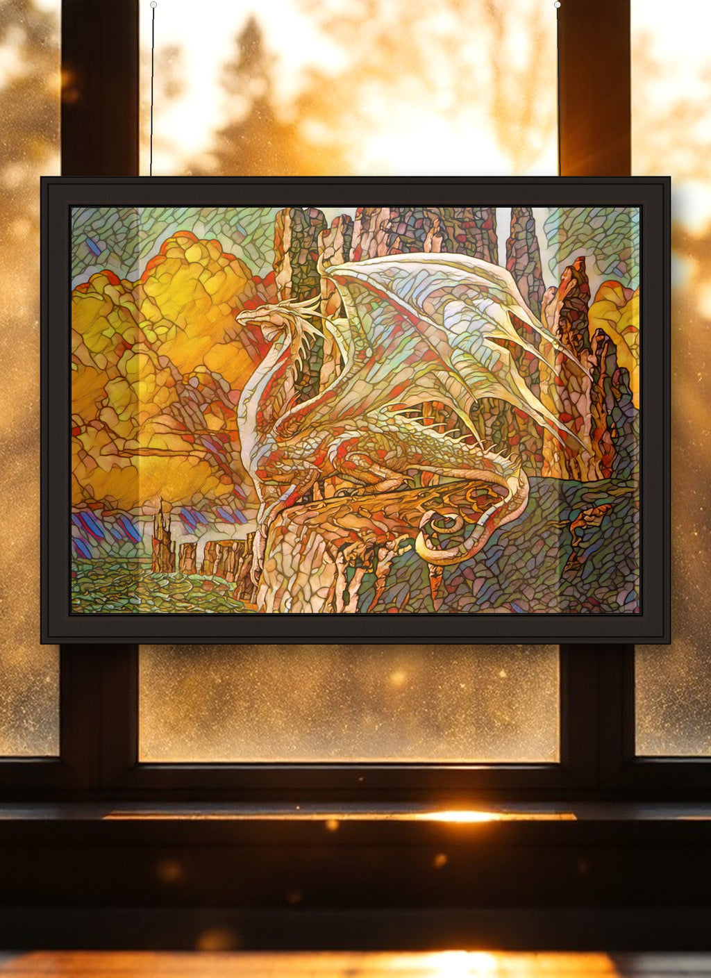 White Dragon Suncatcher | Handmade Stained Glass Style Fantasy Art