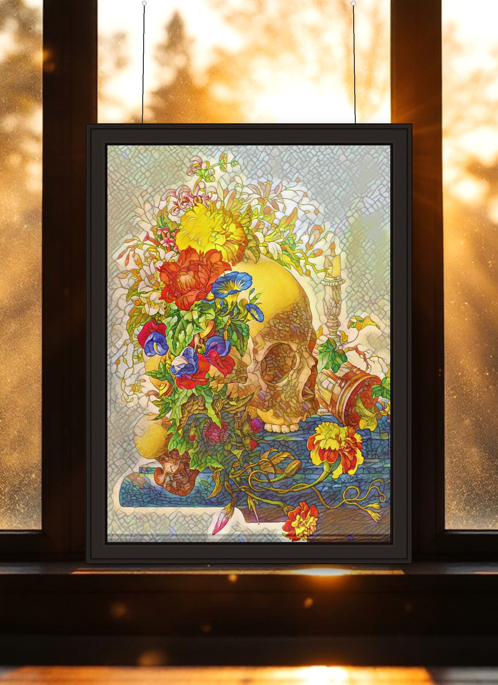 Floral Skull Suncatcher | Handmade Stained Glass Style Gothic Art