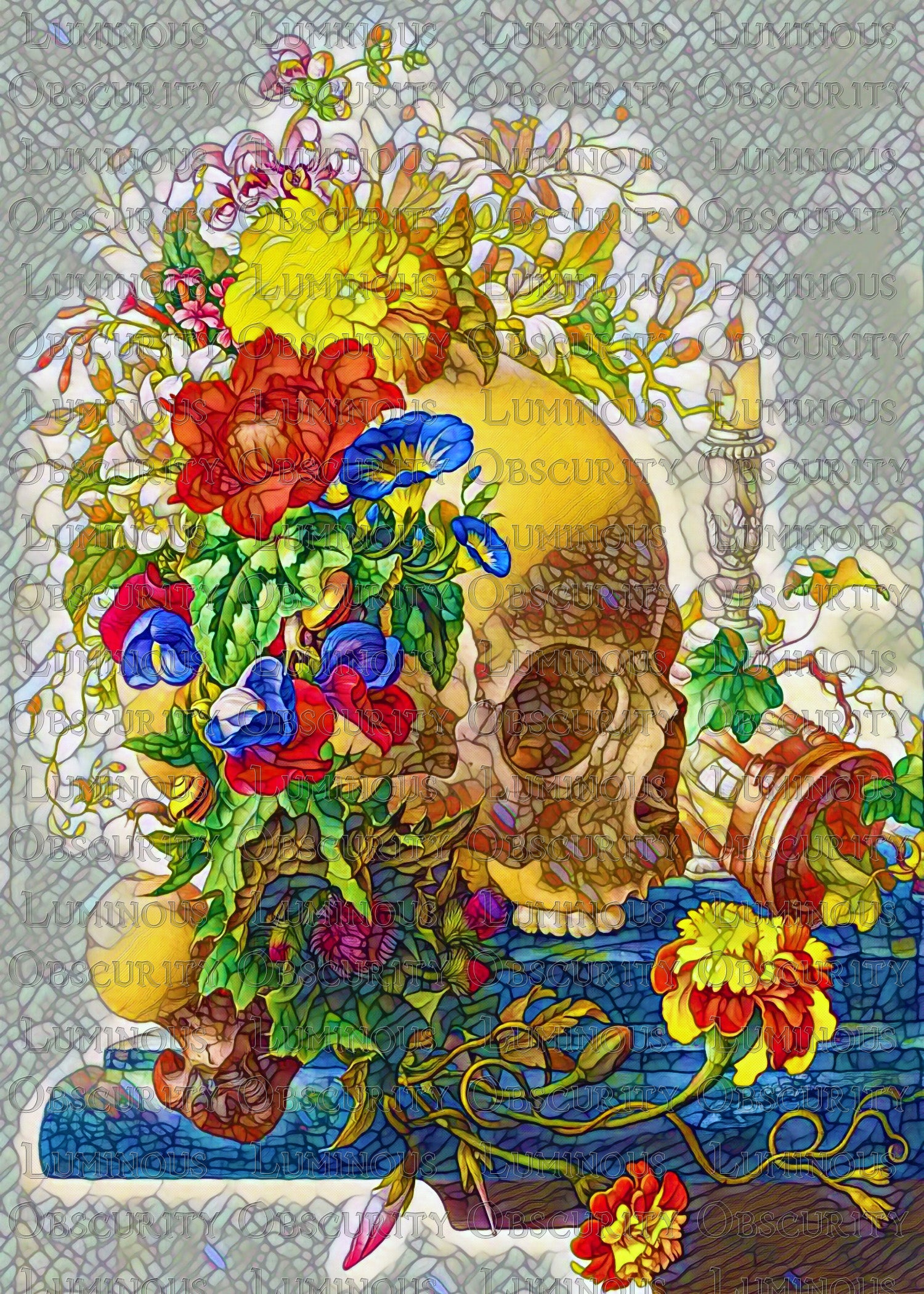 Floral Skull Suncatcher | Handmade Stained Glass Style Gothic Art