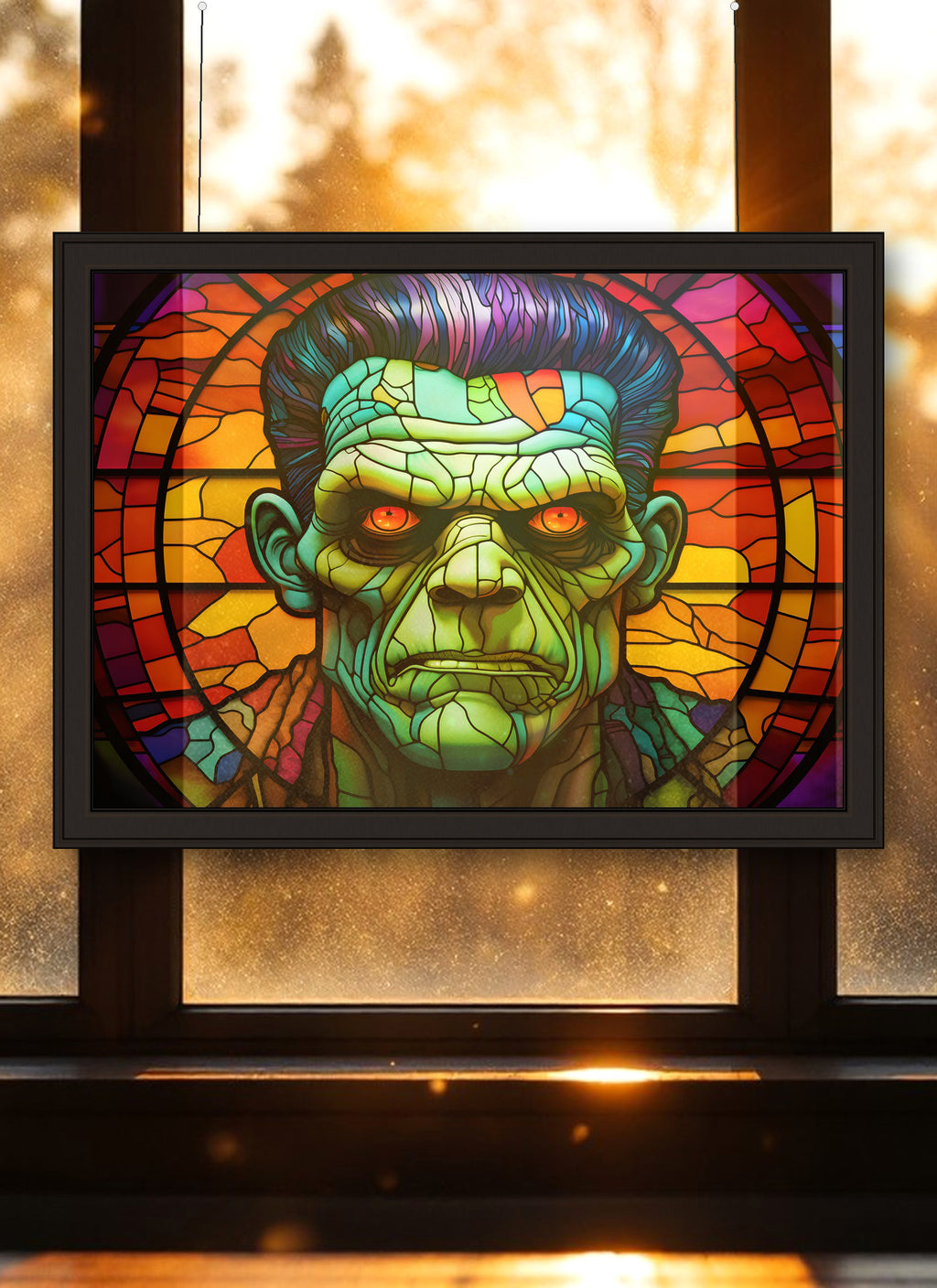 Frankenstein Monster Portrait Suncatcher | Handmade Stained Glass Style Horror Art