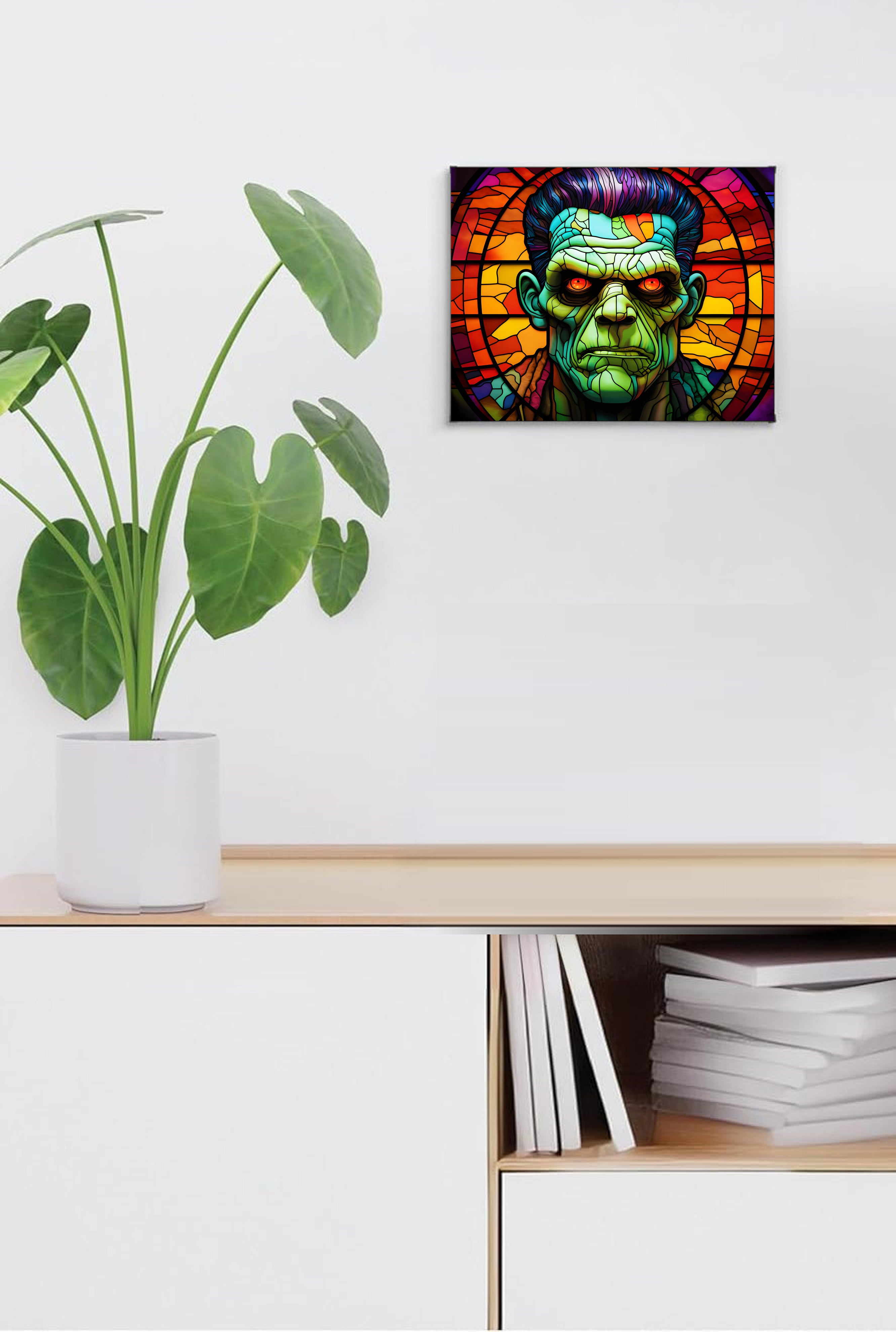Frankenstein Monster Portrait Suncatcher | Handmade Stained Glass Style Horror Art