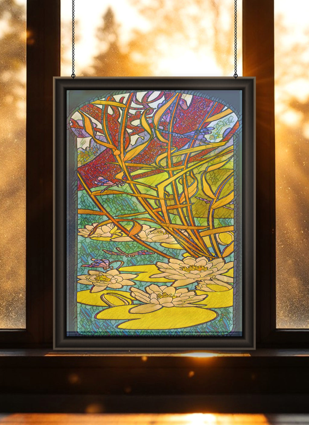 Lotus & Dragonfly Suncatcher | Handmade Stained Glass Style Spiritual Art