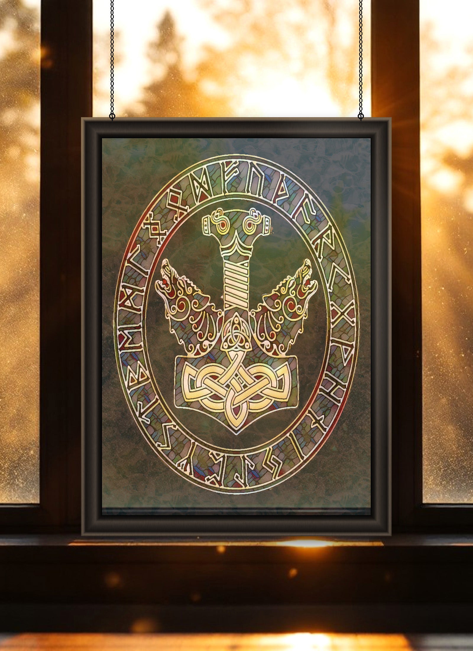 Mjolnir Suncatcher | Handmade Stained Glass Style Norse Art