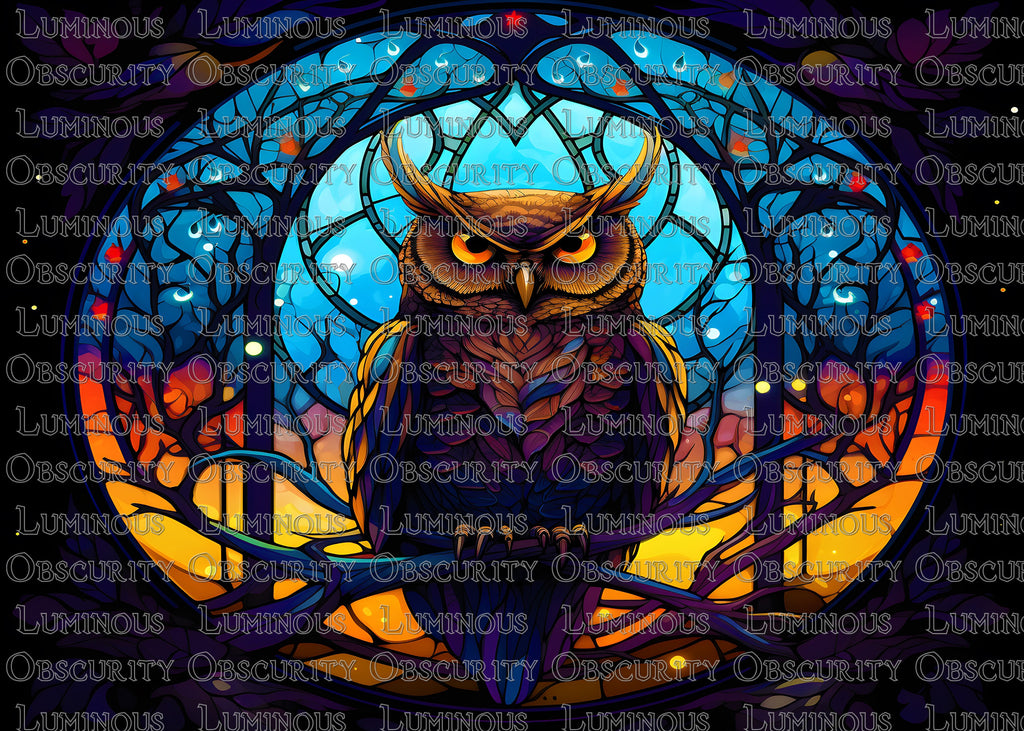 Horned Owl in Moonlight Suncatcher | Handmade Stained Glass Style Gothic Art