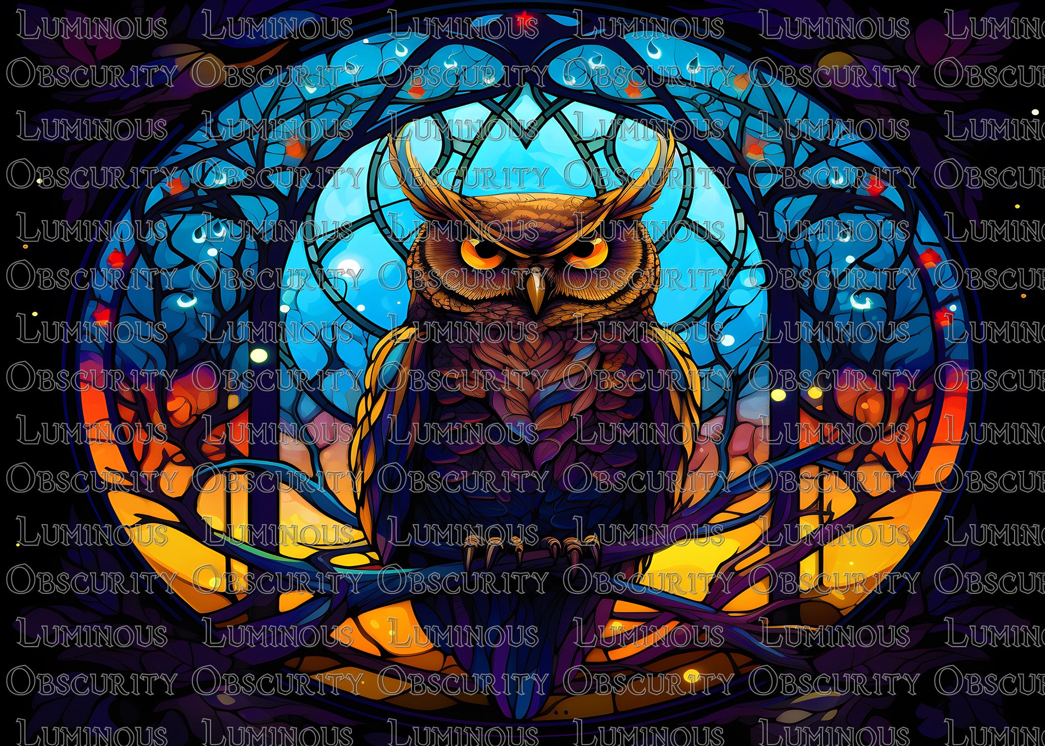 Horned Owl in Moonlight Suncatcher | Handmade Stained Glass Style Gothic Art