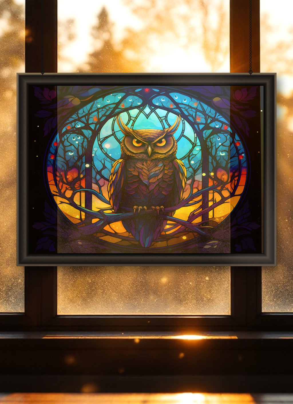 Horned Owl in Moonlight Suncatcher | Handmade Stained Glass Style Gothic Art