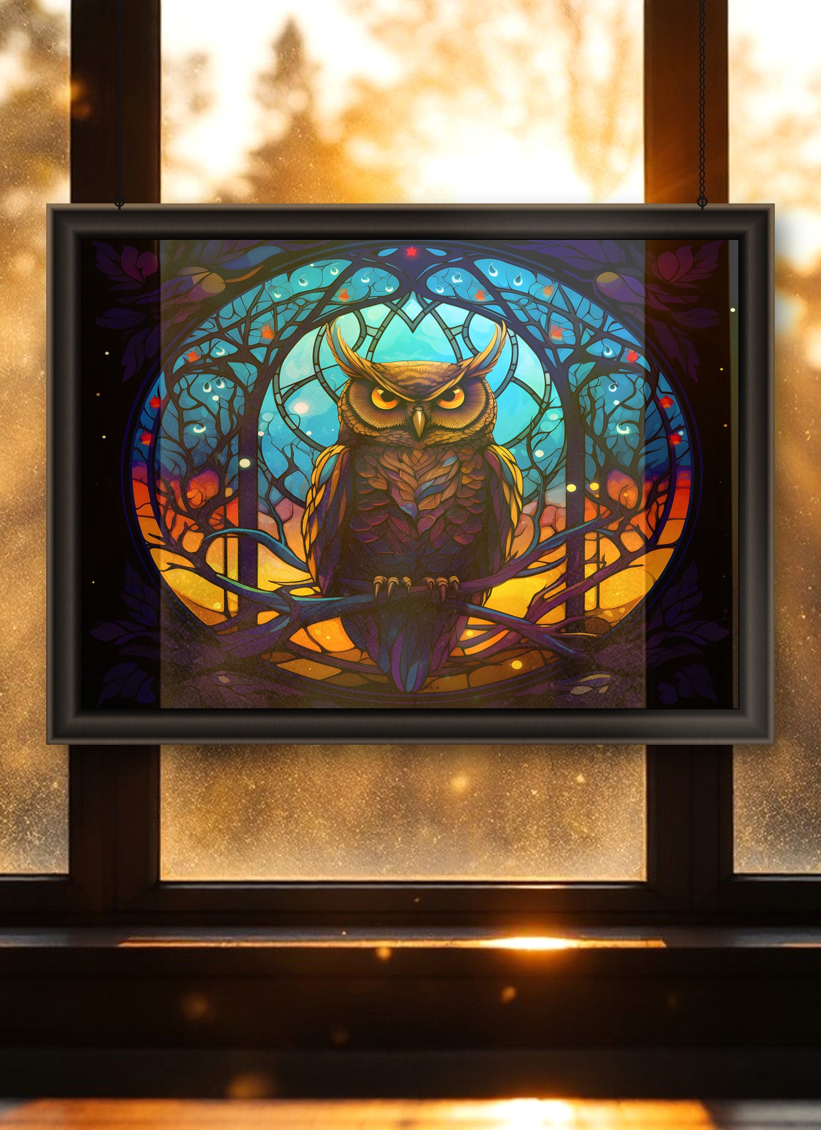 Horned Owl in Moonlight Suncatcher | Handmade Stained Glass Style Gothic Art