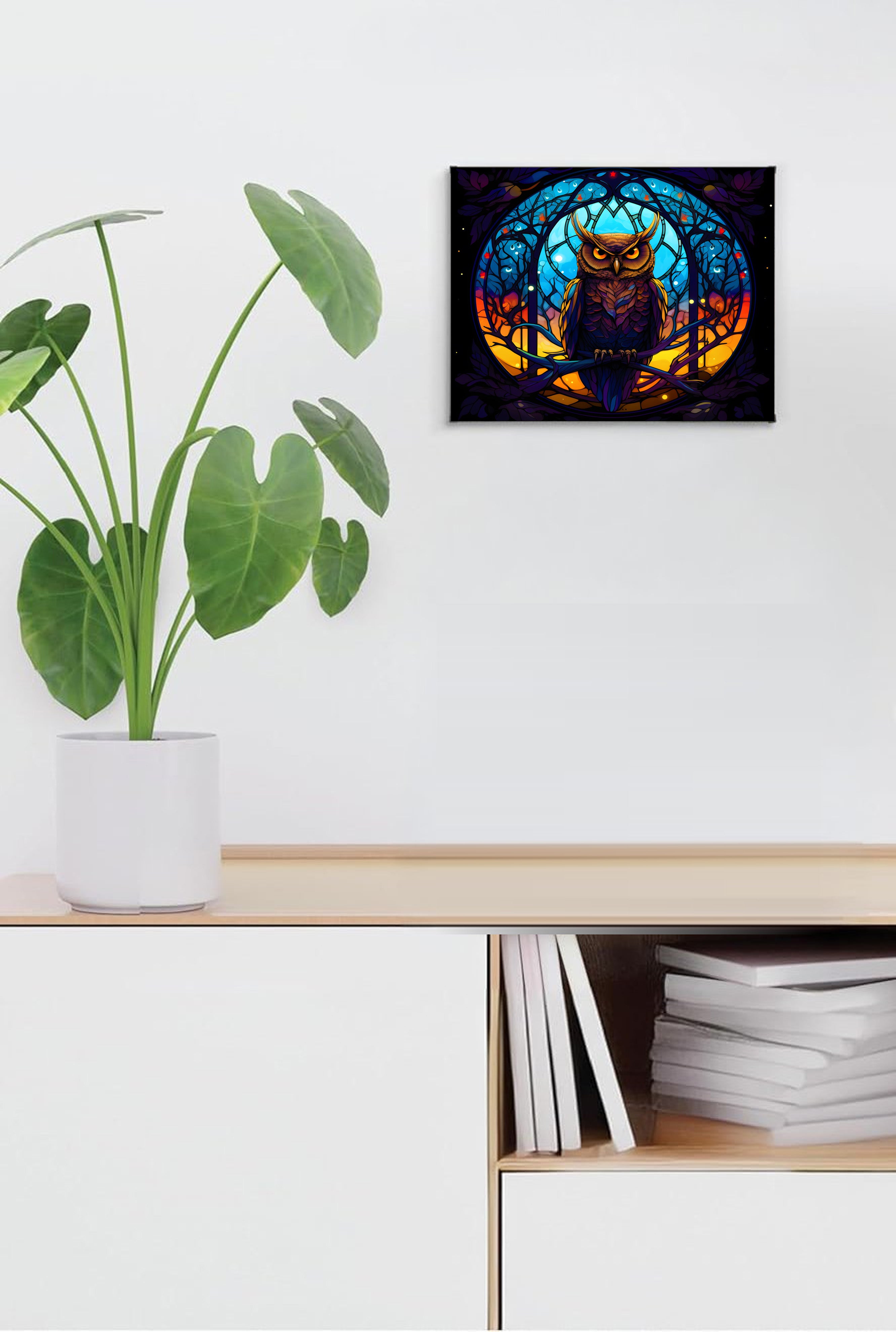 Horned Owl in Moonlight Suncatcher | Handmade Stained Glass Style Gothic Art