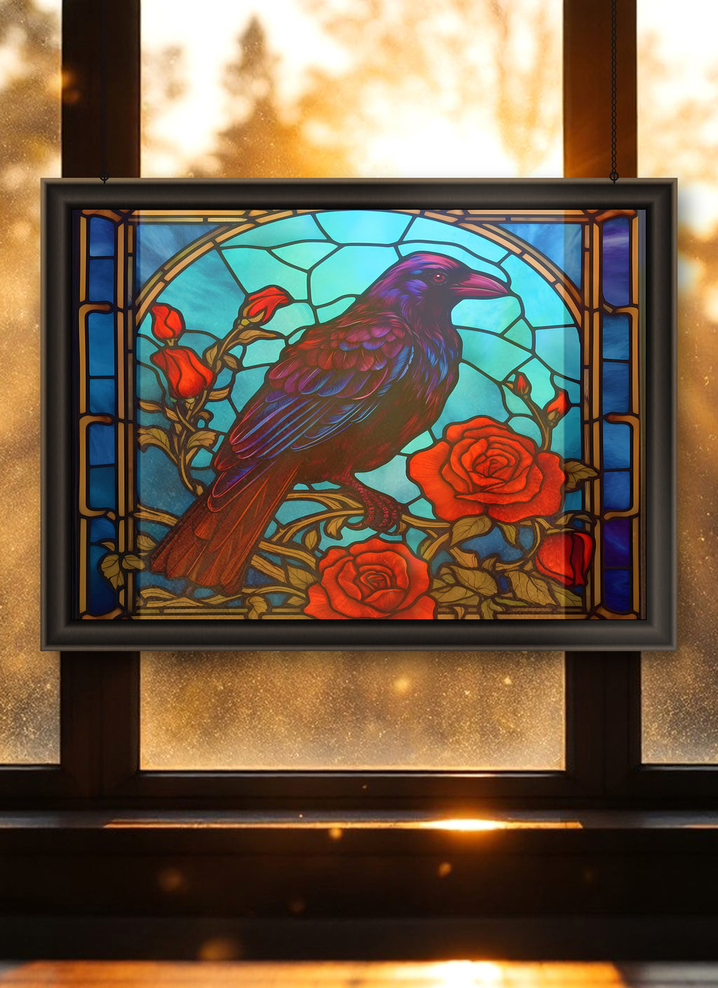 Raven & Roses Suncatcher | Handmade Stained Glass Style Gothic Art