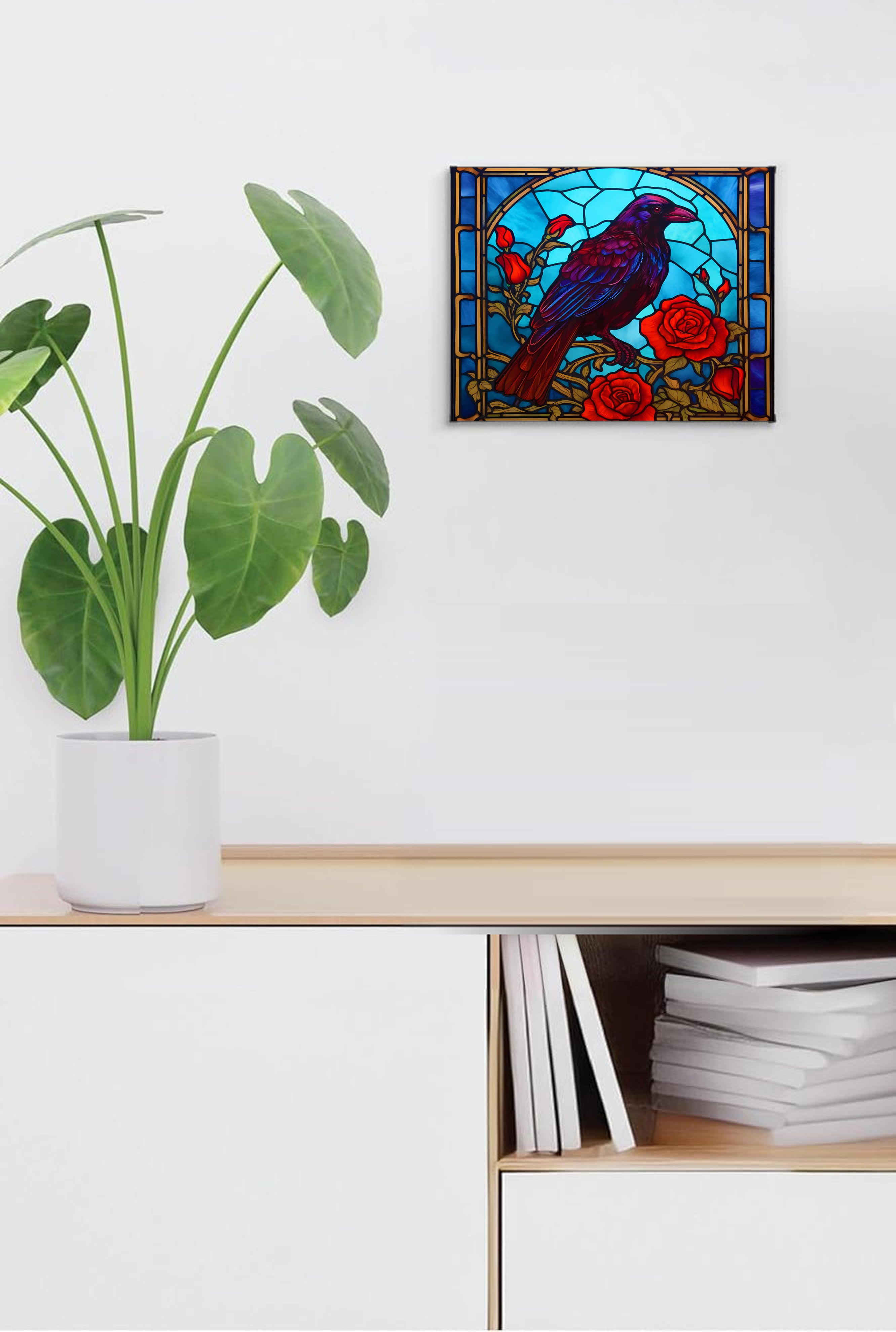 Raven & Roses Suncatcher | Handmade Stained Glass Style Gothic Art