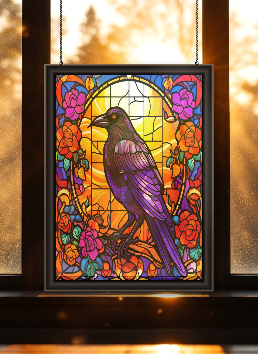 Raven & Roses Suncatcher | Handmade Stained Glass Style Gothic Art