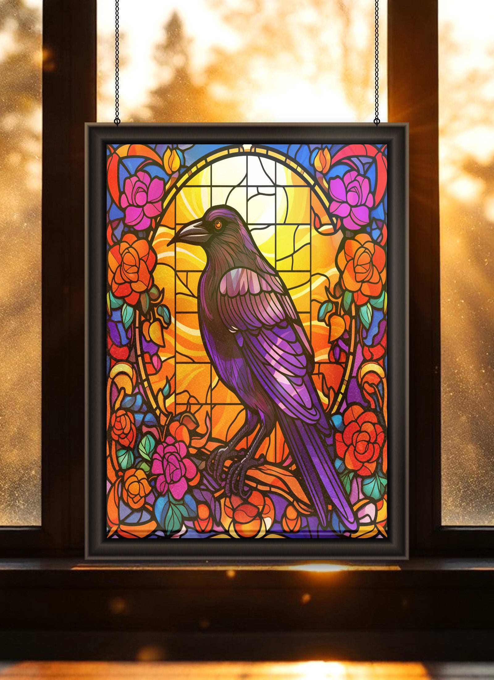 Raven & Roses Suncatcher | Handmade Stained Glass Style Gothic Art