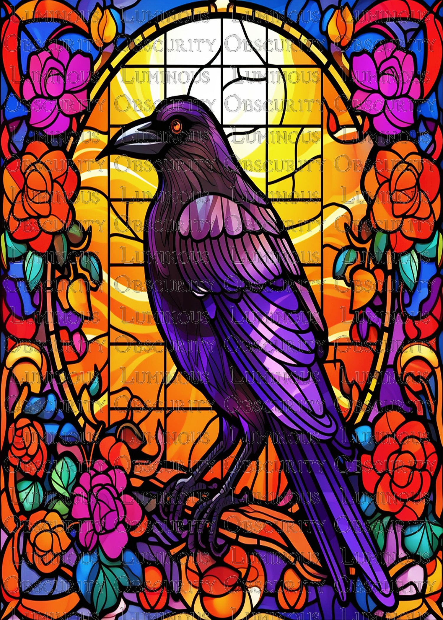 Raven & Roses Suncatcher | Handmade Stained Glass Style Gothic Art