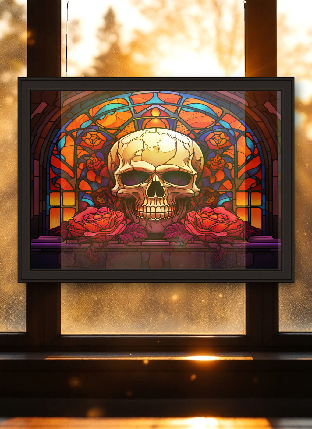 Skull & Roses Suncatcher | Handmade Stained Glass Style Gothic Art