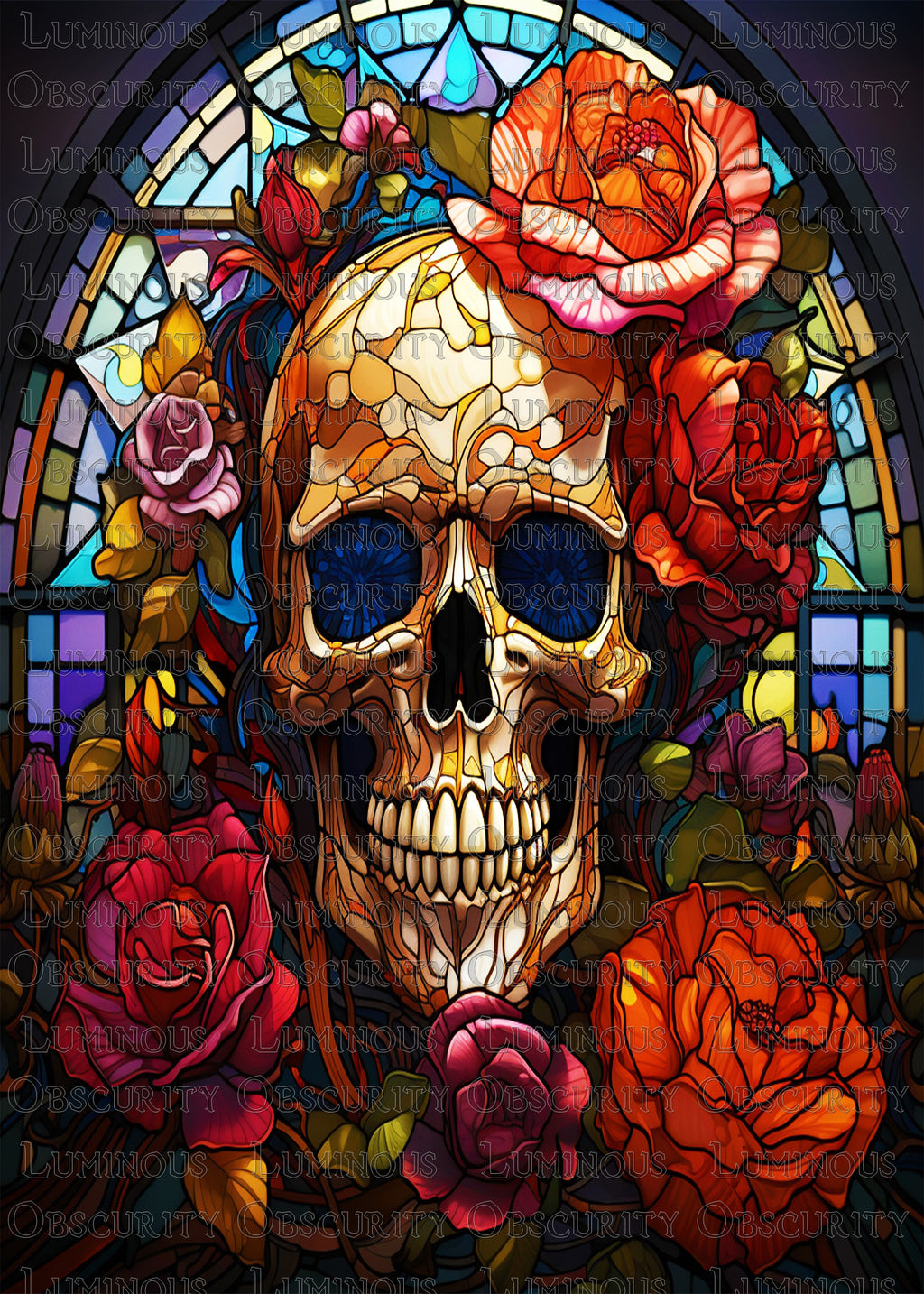 Day of the Dead Floral Skull Suncatcher | Handmade Stained Glass Style Gothic Art