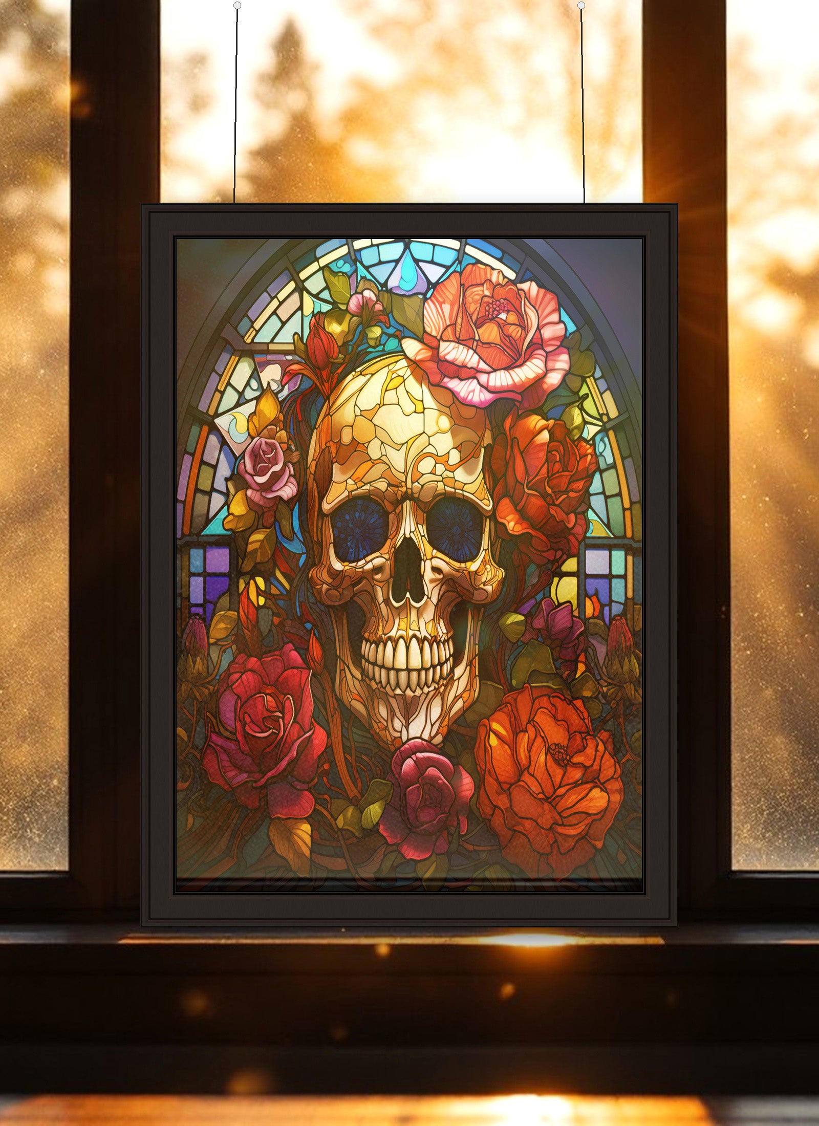 Day of the Dead Floral Skull Suncatcher | Handmade Stained Glass Style Gothic Art
