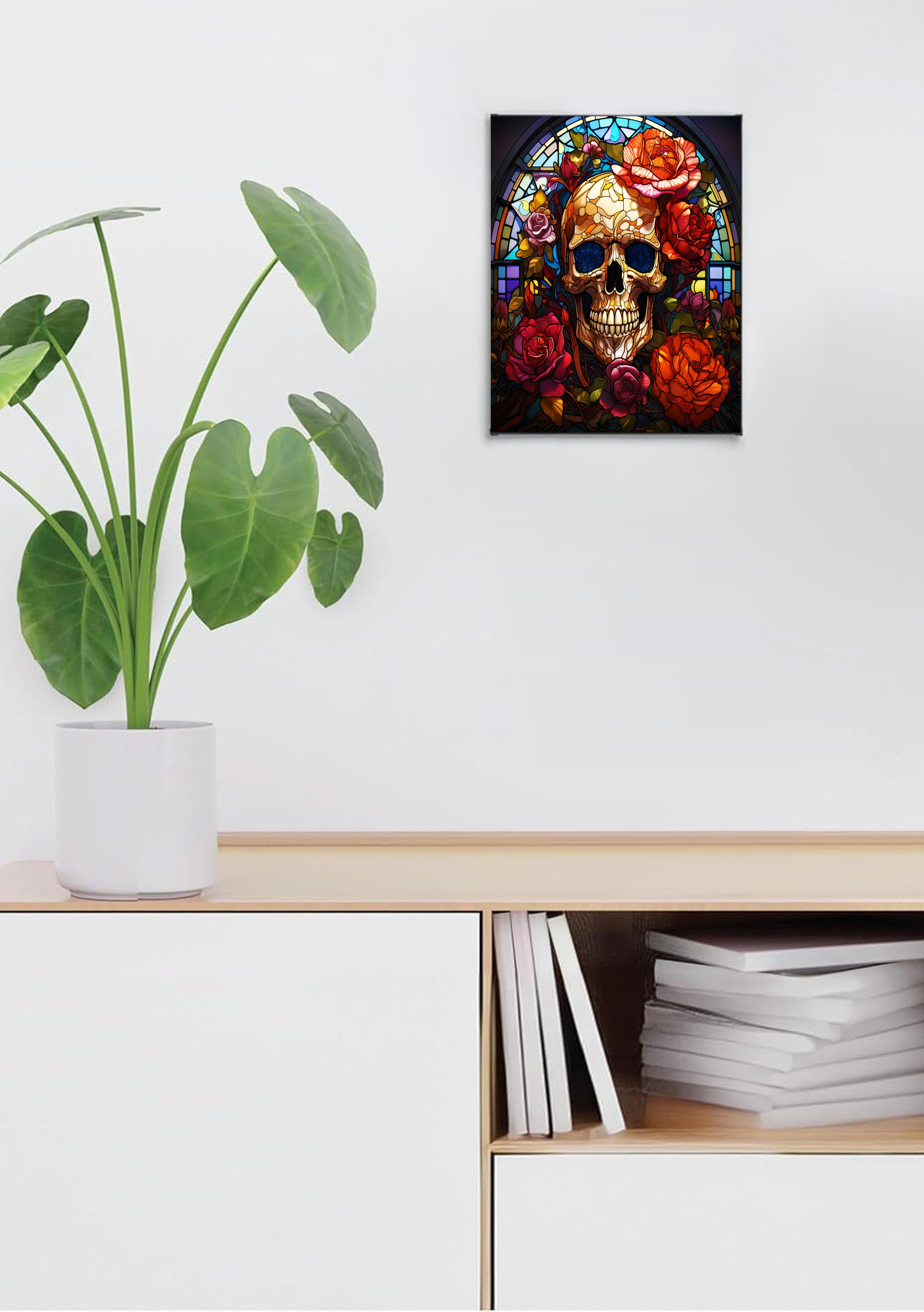 Day of the Dead Floral Skull Suncatcher | Handmade Stained Glass Style Gothic Art