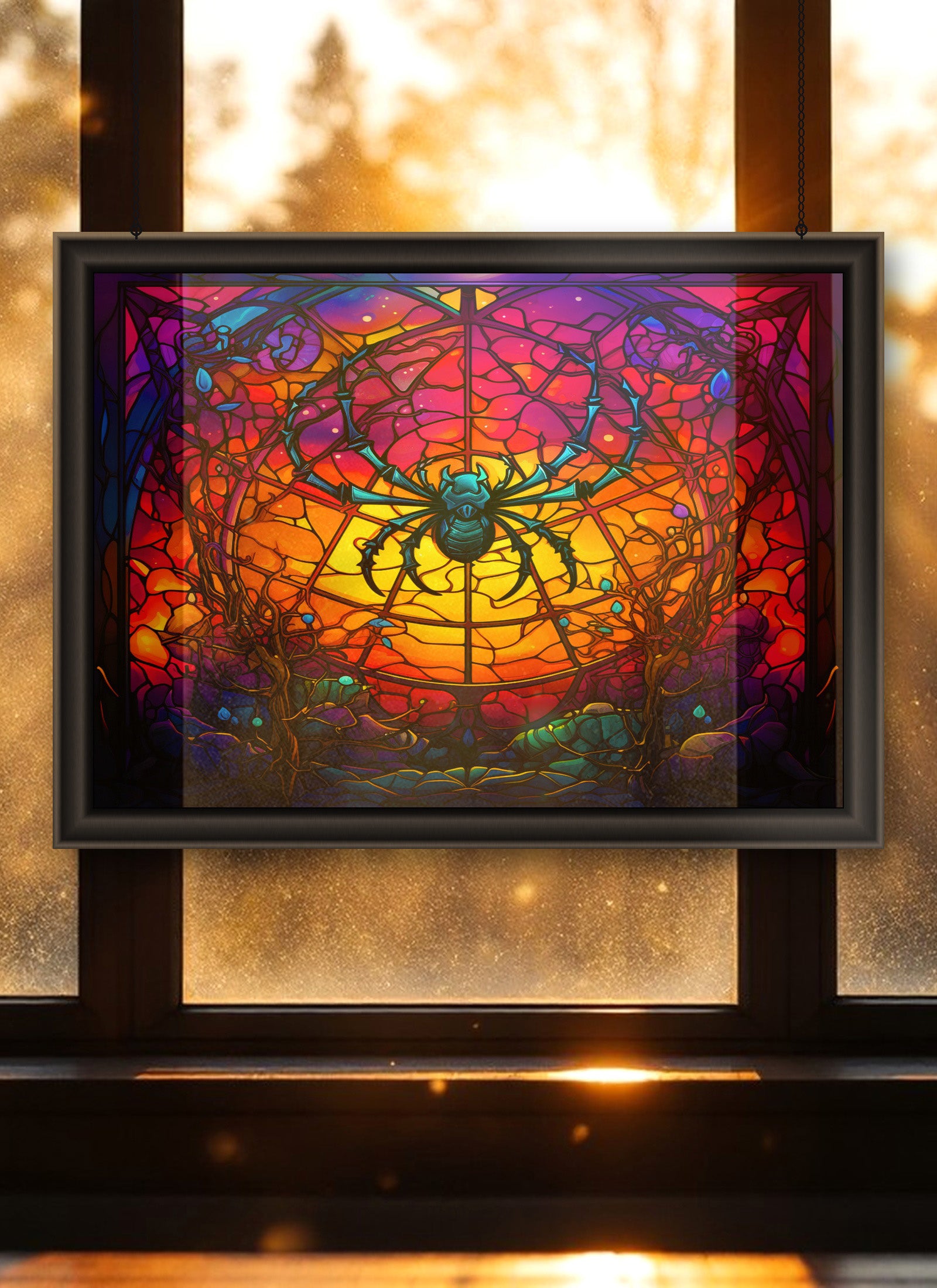Blue Spider on Web Suncatcher | Handmade Stained Glass Style Halloween Art