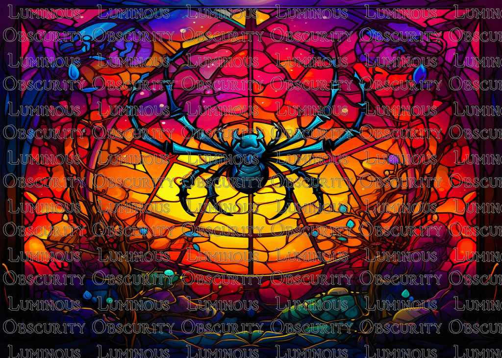 Blue Spider on Web Suncatcher | Handmade Stained Glass Style Halloween Art