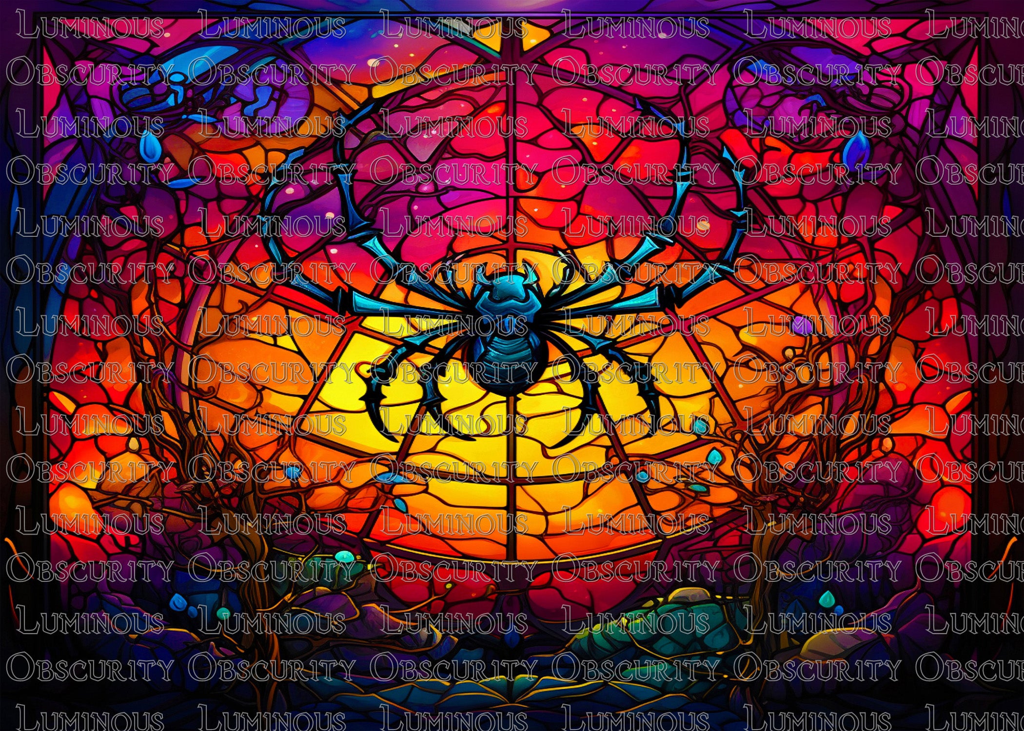 Blue Spider on Web Suncatcher | Handmade Stained Glass Style Halloween Art