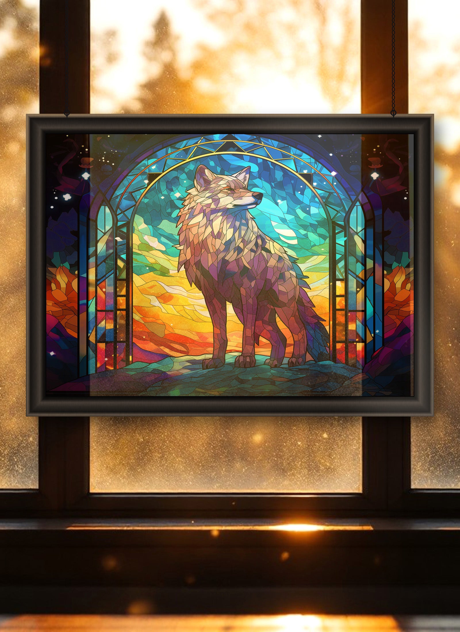 White Wolf Suncatcher | Handmade Stained Glass Style Fantasy Art