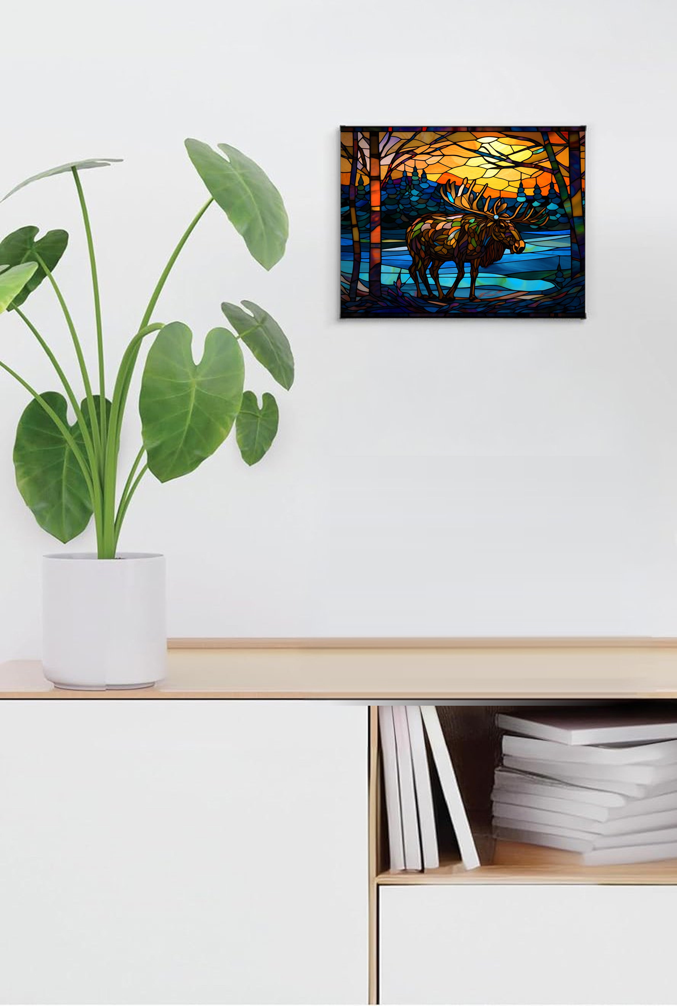 Winter Moose Suncatcher | Handmade Stained Glass Style Window Art
