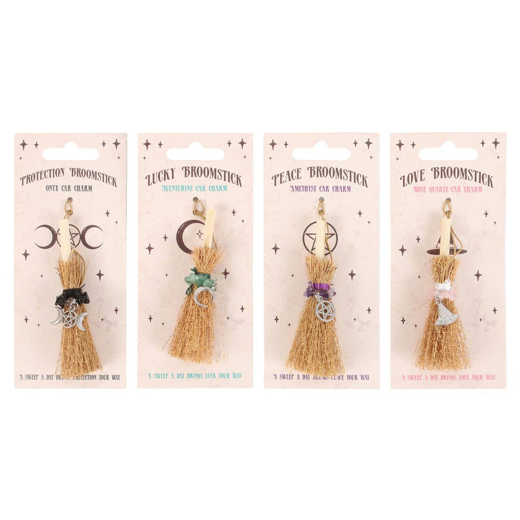 Broomstick Charm | Crystal Witch Charm | Moon, Pentagram, Triple Moon & Witch Hat