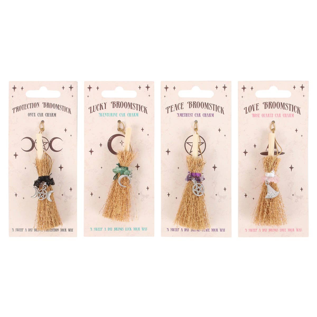 Broomstick Charm | Crystal Witch Charm | Moon, Pentagram, Triple Moon & Witch Hat